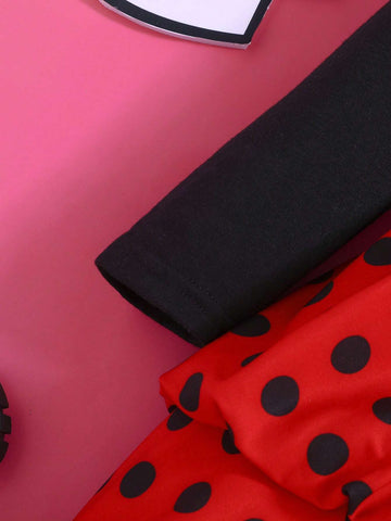 Young Girl Vintage Style Cute Cartoon Print Gigot Sleeve Ruffle Hem A-Line Dress Suitable For Birthday Parties