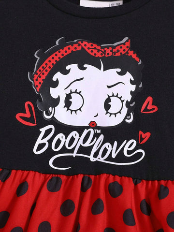 Young Girl Vintage Style Cute Cartoon Print Gigot Sleeve Ruffle Hem A-Line Dress Suitable For Birthday Parties