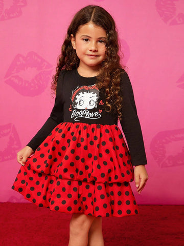 Young Girl Vintage Style Cute Cartoon Print Gigot Sleeve Ruffle Hem A-Line Dress Suitable For Birthday Parties