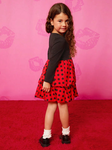 Young Girl Vintage Style Cute Cartoon Print Gigot Sleeve Ruffle Hem A-Line Dress Suitable For Birthday Parties