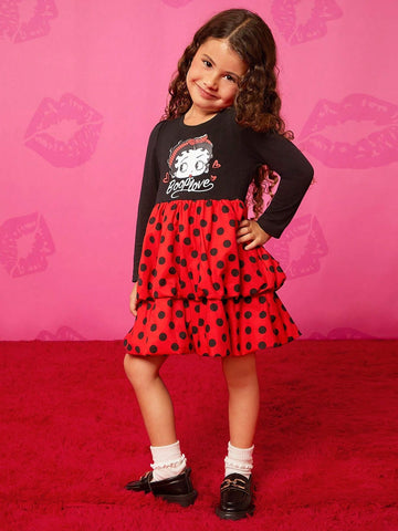 Young Girl Vintage Style Cute Cartoon Print Gigot Sleeve Ruffle Hem A-Line Dress Suitable For Birthday Parties