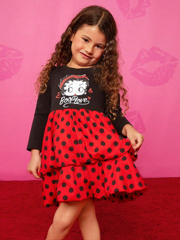 Young Girl Vintage Style Cute Cartoon Print Gigot Sleeve Ruffle Hem A-Line Dress Suitable For Birthday Parties