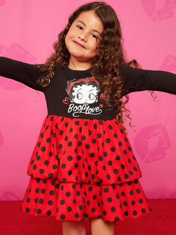 Young Girl Vintage Style Cute Cartoon Print Gigot Sleeve Ruffle Hem A-Line Dress Suitable For Birthday Parties