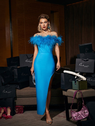 Beverly Off Shoulder Feather Asymmetric Bandage Dress