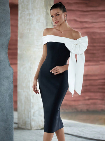 Black And White Color Block Off Shoulder Bowknot Bandage Dress For Elegant Party