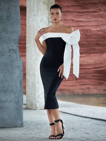 Black And White Color Block Off Shoulder Bowknot Bandage Dress For Elegant Party