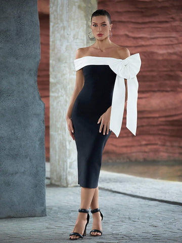 Black And White Color Block Off Shoulder Bowknot Bandage Dress For Elegant Party