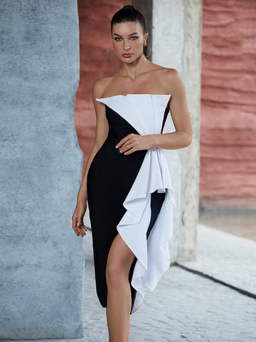 Black And White Pleated Strapless Bandage Dress With Slim Fit, Slit And Ruched Hem Design
