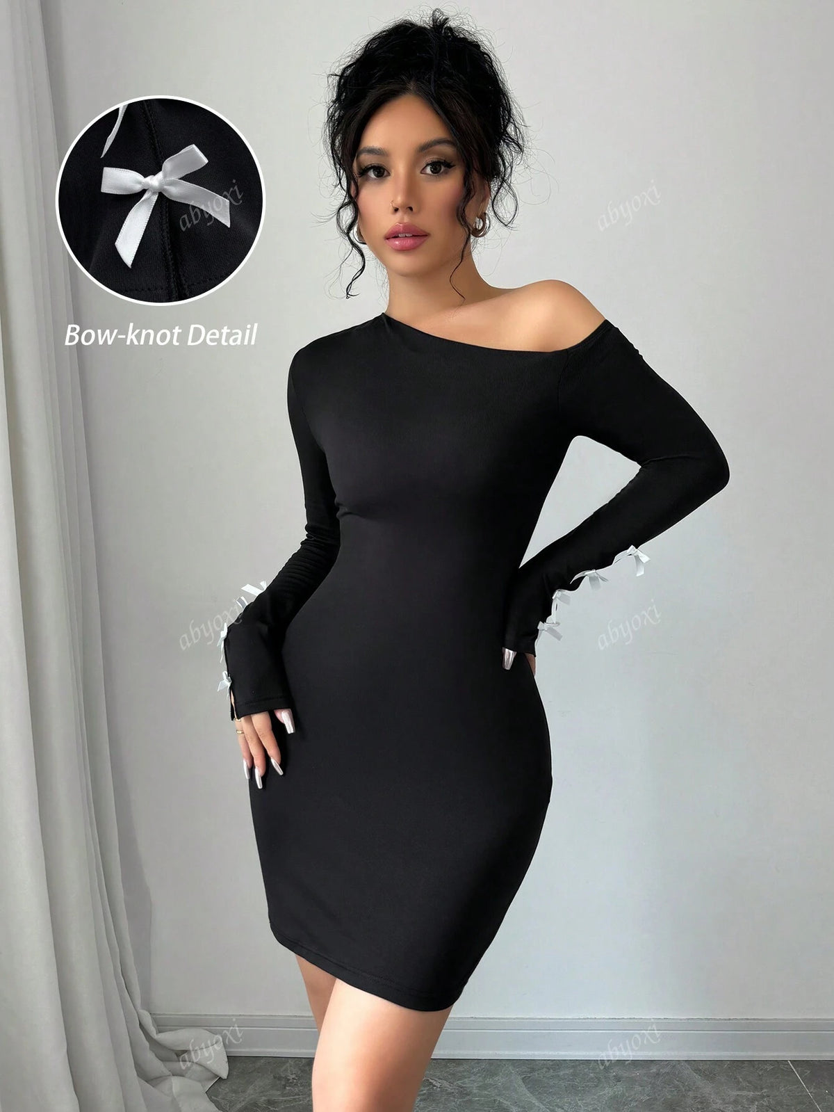 Black Color Sexy Off Shoulder Long Sleeve With Hollow Bow-Knot Contrast Design Bodycon Mini Dress,Dating,Romantic,Simple,Elegant,Hot Girl,Young Hot,Fashionable,Autumn And Winter New Women's Clothing