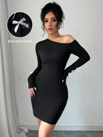 Black Color Sexy Off Shoulder Long Sleeve With Hollow Bow-Knot Contrast Design Bodycon Mini Dress,Dating,Romantic,Simple,Elegant,Hot Girl,Young Hot,Fashionable,Autumn And Winter New Women's Clothing