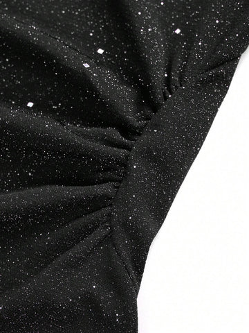 Black Color Square Neck Long Sleeve Slim Fit Waist Detail A-Line Mini Party Dress With Flash Fabric,Dating,Romantic,Simple,Hot Girl,Fashionable,Valentine's Day,Autumn And Winter New Women's Clothing