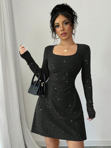 Black Color Square Neck Long Sleeve Slim Fit Waist Detail A-Line Mini Party Dress With Flash Fabric,Dating,Romantic,Simple,Hot Girl,Fashionable,Valentine's Day,Autumn And Winter New Women's Clothing
