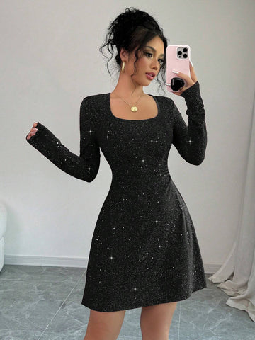 Black Color Square Neck Long Sleeve Slim Fit Waist Detail A-Line Mini Party Dress With Flash Fabric,Dating,Romantic,Simple,Hot Girl,Fashionable,Valentine's Day,Autumn And Winter New Women's Clothing