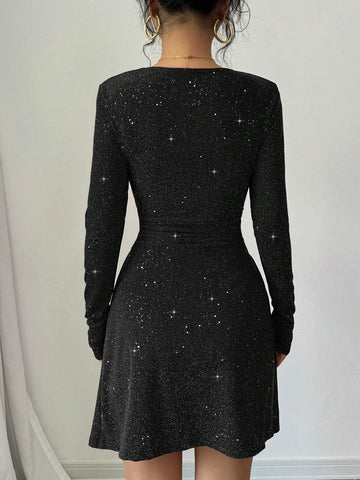 Black Color Square Neck Long Sleeve Slim Fit Waist Detail A-Line Mini Party Dress With Flash Fabric,Dating,Romantic,Simple,Hot Girl,Fashionable,Valentine's Day,Autumn And Winter New Women's Clothing