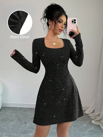 Black Color Square Neck Long Sleeve Slim Fit Waist Detail A-Line Mini Party Dress With Flash Fabric,Dating,Romantic,Simple,Hot Girl,Fashionable,Valentine's Day,Autumn And Winter New Women's Clothing