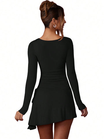 Black Double Mesh Rhinestones Square Neck Bodycon Dress