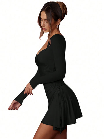 Black Double Mesh Rhinestones Square Neck Bodycon Dress