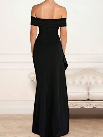 Black Elegant Off Shoulder Party Dress With Thigh-High Split