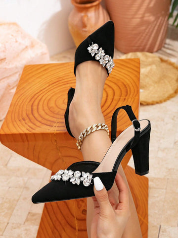 Black Faux Suede Water Rhinestone Decor Peep Toe Platform High Heel Shoes, Fashion