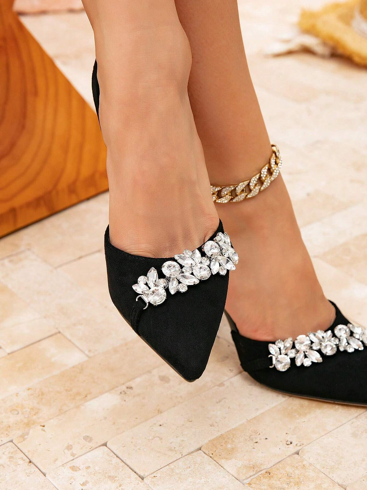 Black Faux Suede Water Rhinestone Decor Peep Toe Platform High Heel Shoes, Fashion