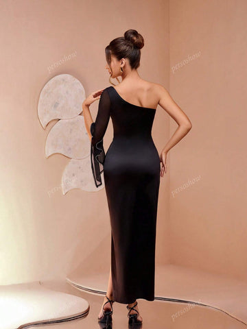 Black Formal Long Dress With Luxurious Elegant Fishbone Net Yarn Chain Decorations, Stretchy Semi-Sheer Maxi Dress With Single Sleeve, Tailored Waistline High Slit, Suitable For High-End Occasions And Formal Events