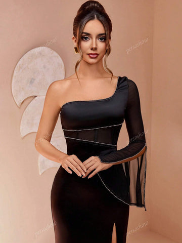 Black Formal Long Dress With Luxurious Elegant Fishbone Net Yarn Chain Decorations, Stretchy Semi-Sheer Maxi Dress With Single Sleeve, Tailored Waistline High Slit, Suitable For High-End Occasions And Formal Events
