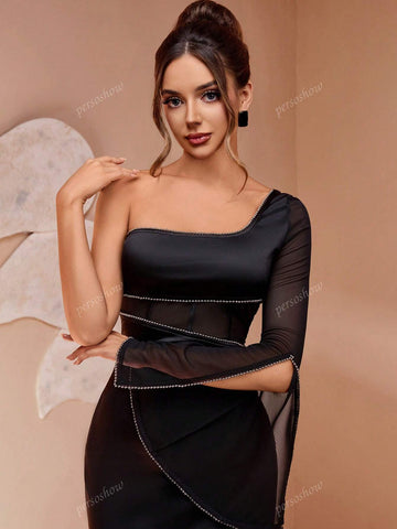 Black Formal Long Dress With Luxurious Elegant Fishbone Net Yarn Chain Decorations, Stretchy Semi-Sheer Maxi Dress With Single Sleeve, Tailored Waistline High Slit, Suitable For High-End Occasions And Formal Events