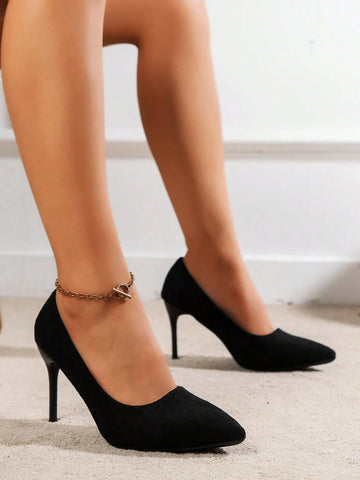 Black Friday Party Vacation Season Wedding Anniversary Promotion Popular New Trend 2023 Classic Style Elegant Women's High Heel Pumps With Rubber Sole, Pointed Toe, Thin High Heels, Faux Suede Finish, Suitable For Work