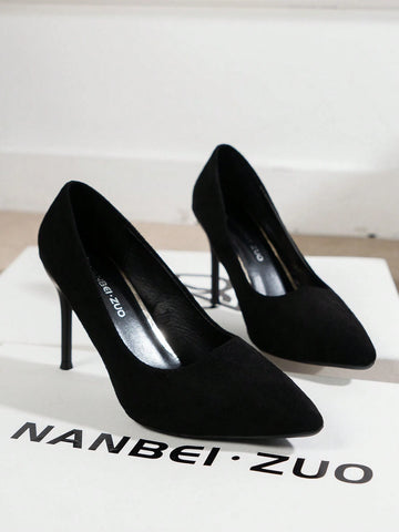 Black Friday Party Vacation Season Wedding Anniversary Promotion Popular New Trend 2023 Classic Style Elegant Women's High Heel Pumps With Rubber Sole, Pointed Toe, Thin High Heels, Faux Suede Finish, Suitable For Work