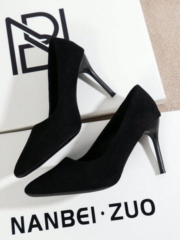Black Friday Party Vacation Season Wedding Anniversary Promotion Popular New Trend 2023 Classic Style Elegant Women's High Heel Pumps With Rubber Sole, Pointed Toe, Thin High Heels, Faux Suede Finish, Suitable For Work