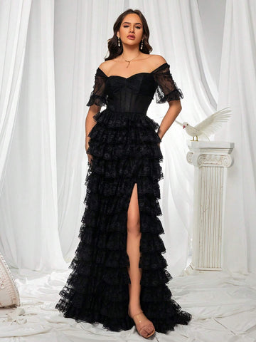Black High End Mesh One Shoulder Layered Dress For Women's Evening Party