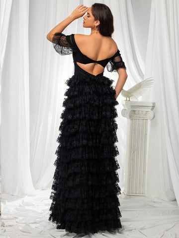 Black High End Mesh One Shoulder Layered Dress For Women's Evening Party