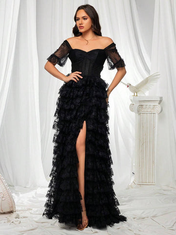 Black High End Mesh One Shoulder Layered Dress For Women's Evening Party