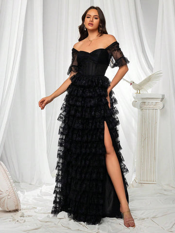 Black High End Mesh One Shoulder Layered Dress For Women's Evening Party