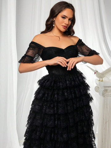 Black High End Mesh One Shoulder Layered Dress For Women's Evening Party