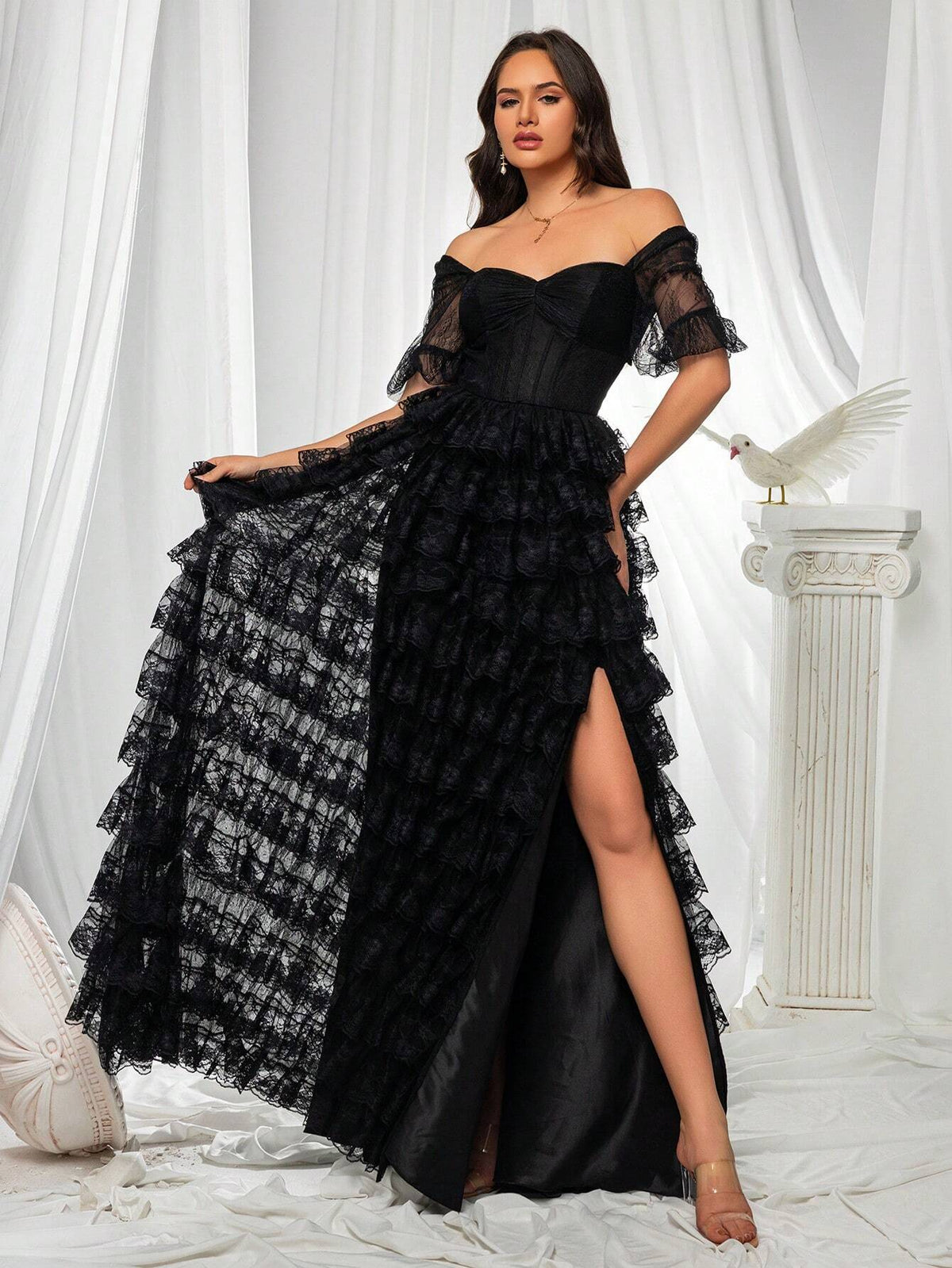 Black High End Mesh One Shoulder Layered Dress For Women's Evening Party