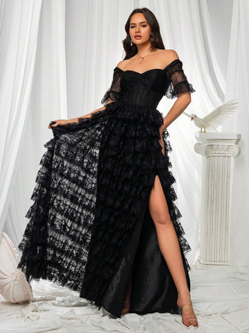 Black High End Mesh One Shoulder Layered Dress For Women's Evening Party