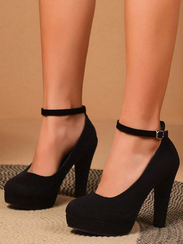 Black High Heel Shoes With Buckle, Fashionable Suede Platform Women's High Heels