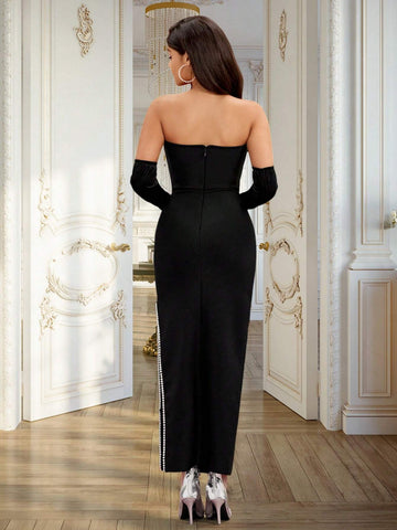 Black High Slit Faux Pearl Strapless Evening Gown With Detachable Sleeves