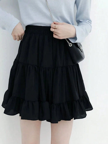 Black High Waist A-Line Mini Skirt, Cake Skirt Style For Women In Summer