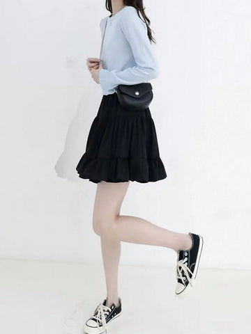 Black High Waist A-Line Mini Skirt, Cake Skirt Style For Women In Summer