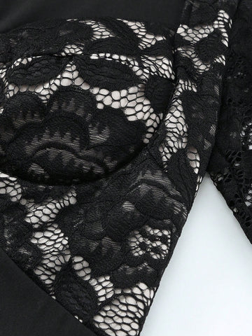 Black Lace Splicing Long Sleeve Bodycon Mini Dress