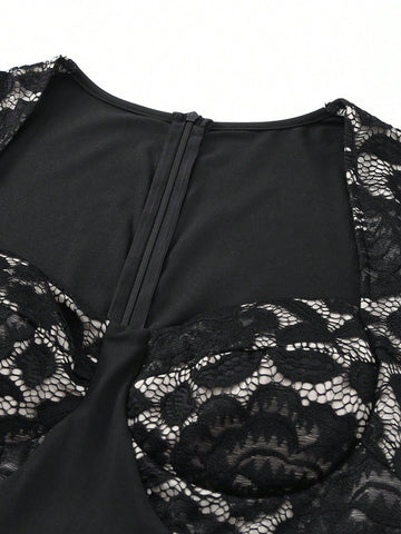 Black Lace Splicing Long Sleeve Bodycon Mini Dress