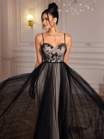 Black Mesh Evening Dress With Spaghetti Straps