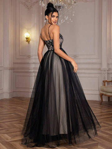 Black Mesh Evening Dress With Spaghetti Straps