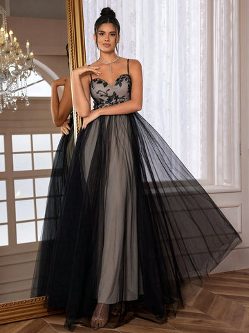 Black Mesh Evening Dress With Spaghetti Straps