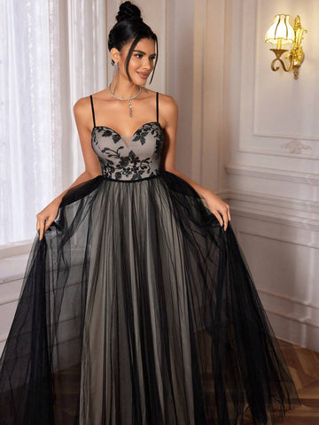 Black Mesh Evening Dress With Spaghetti Straps