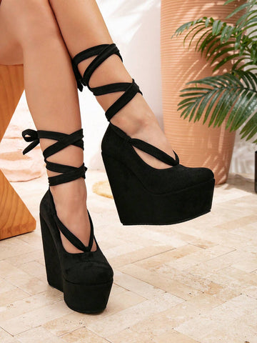 Black Platform Mary Jane Shoes, Super High Heel Round Toe Slip-On Wedge