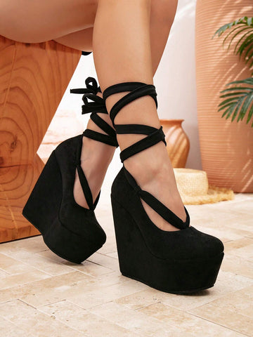 Black Platform Mary Jane Shoes, Super High Heel Round Toe Slip-On Wedge