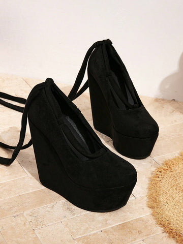 Black Platform Mary Jane Shoes, Super High Heel Round Toe Slip-On Wedge